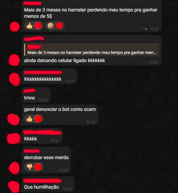 Brasileiros reclamando dos valores recebidos no Hamster Kombat.