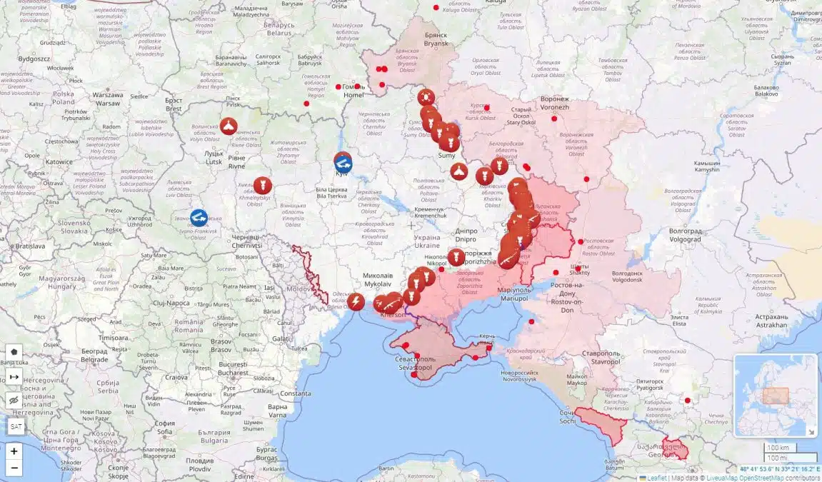 Mapa mostra eventos da guerra russo-ucraniana em tempo real. Fonte: Liveuamap.