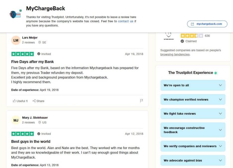Reviews do “MyChargeBack”, site confiscado pelo FBI, no Trustpilot. Fonte: Reprodução.