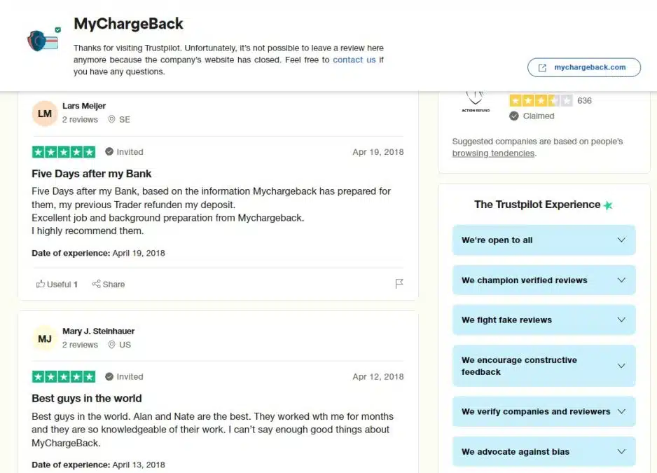 Reviews do “MyChargeBack”, site confiscado pelo FBI, no Trustpilot. Fonte: Reprodução.