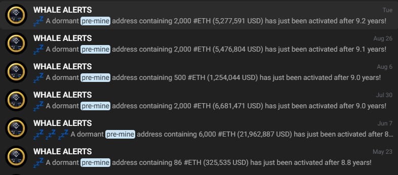 Diversas carteiras antigas de Ethereum acordando. Fonte: WhaleAlerts.