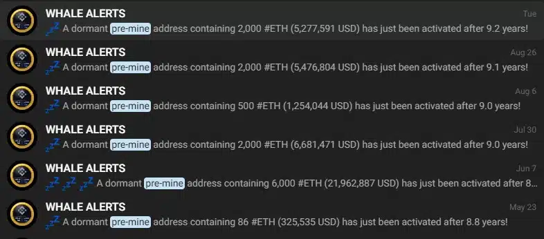 Diversas carteiras antigas de Ethereum acordando. Fonte: WhaleAlerts.