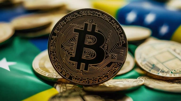 Bitcoin sob a bandeira do Brasil (Midjourney)