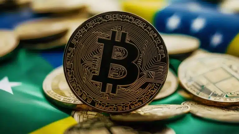 Bitcoin sob a bandeira do Brasil (Midjourney)