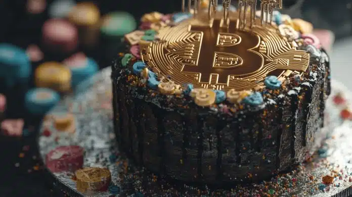 Bolo aniversário Bitcoin (Imagem gerada por AI, Livecoins)