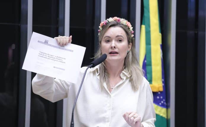 Deputada Julia Zanatta segurando papel em Plenário da Câmara dinheiro moeda