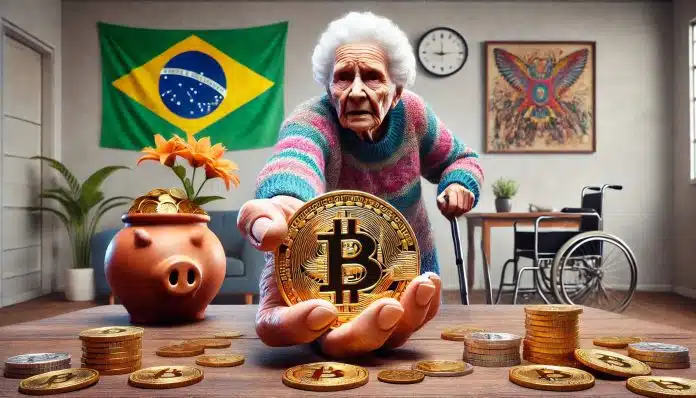 Idosa segurando bitcoin com bandeira do Brasil ao fundo