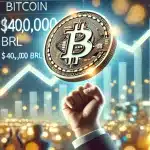 Mão de pessoa comemorando a alta do bitcoin em Real brasileiro, preço que superou 400 mil reais pela primeira vez na história bitcoin rompe valoriza e alta