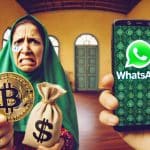 Mulher segurando bitcoin e saco de dinheiro chateada, ao lado de pessoa segurando celular com WhatsApp