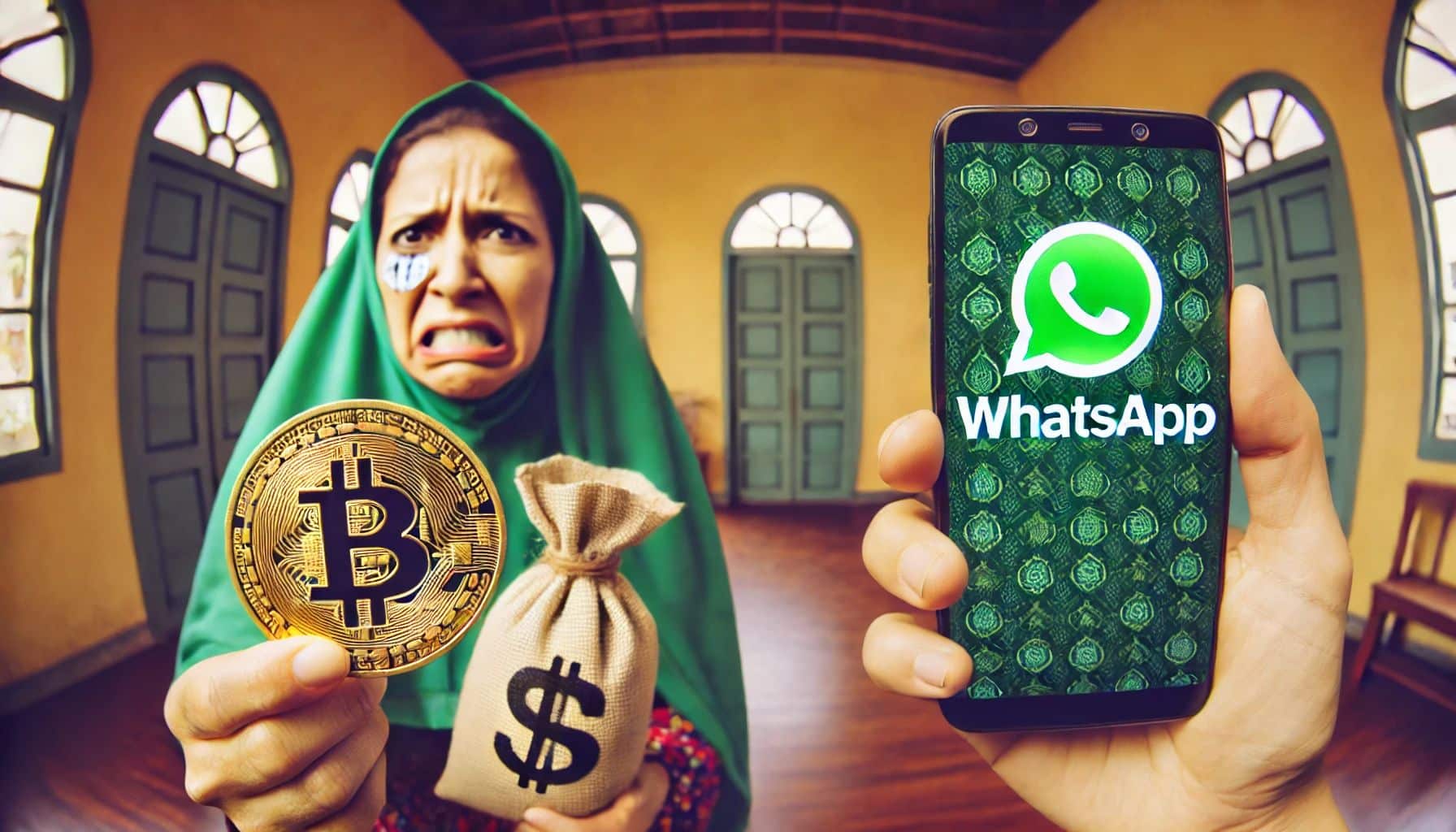 Mulher segurando bitcoin e saco de dinheiro chateada, ao lado de pessoa segurando celular com WhatsApp