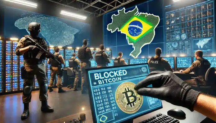 Polícia realizando o bloqueio de bitcoin em carteiras de criminosos