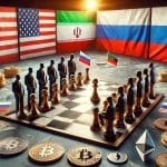 Tabuleiro de Xadrez com imagem da bandeira de países opostos e criptomoedas próximas Irã Rússia EUA China bitcoin