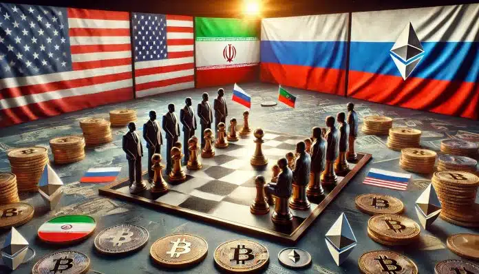 Tabuleiro de Xadrez com imagem da bandeira de países opostos e criptomoedas próximas Irã Rússia EUA China bitcoin