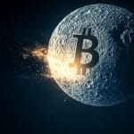 Simbolo do bitcoin estmpado na lua (imagem gerada com AI, Livecoins)