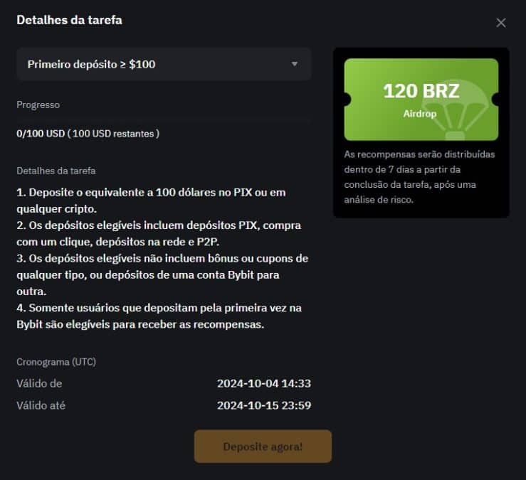 Promoção da Bybit está dando 120 BRZ para quem fizer primeiro depósito na corretora com valor equivalente a 100 dólares. Fonte: Reprodução.