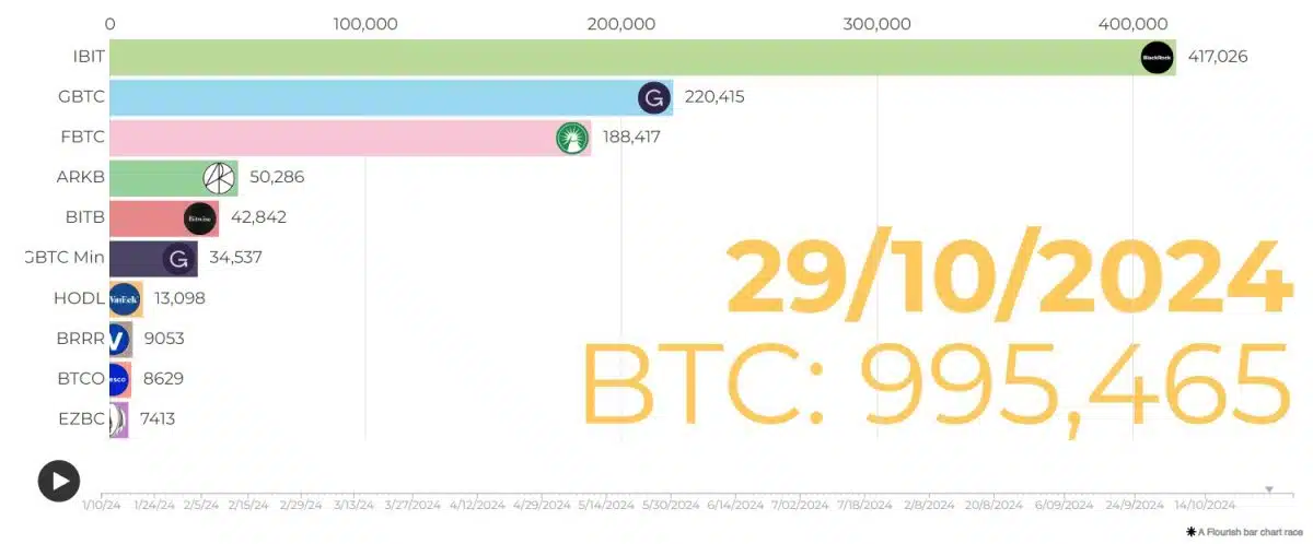 BlackRock segue na liderança na corrida dos ETFs de Bitcoin, seguida por Grayscale e Fidelity. Outras gestoras aparecem com menos bitcoins, mas quantias ainda são generosas. Fonte: HeyApollo.