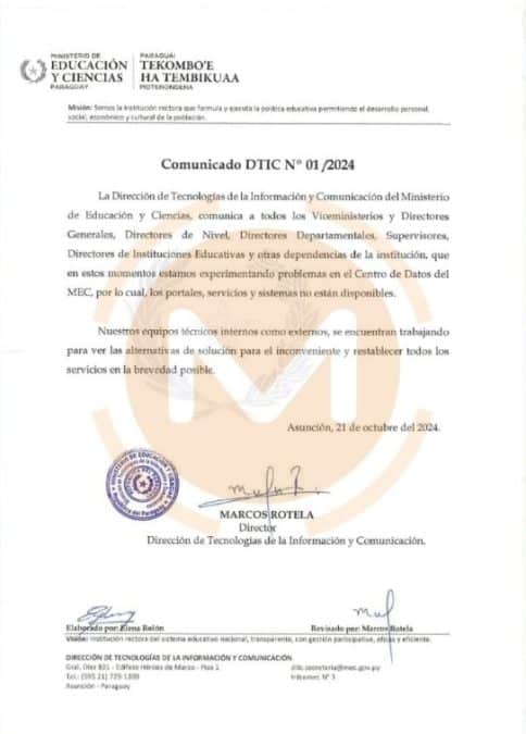 Equipe de TI do MEC do Paraguai emite nota sobre hack. Fonte: Reprodução.