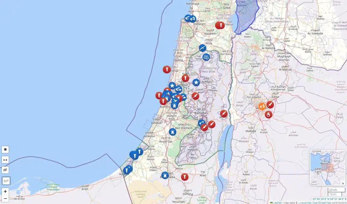 Mapa mostra situação em tempo real da guerra no oriente médio. Fonte: liveuamap.com/Reprodução.