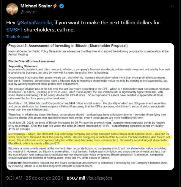Michael Saylor, CEO da MicroStrategy, marca Satya Nadella, CEO da Microsoft, e oferece ajuda na compra de Bitcoin. Fonte: X.