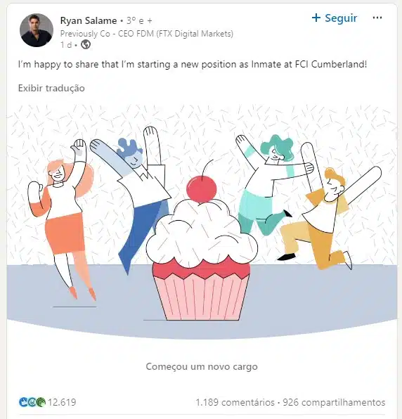 Ryan Salame anunciando seu novo emprego, como presidiário. Fonte: LinkedIn/Reprodução.