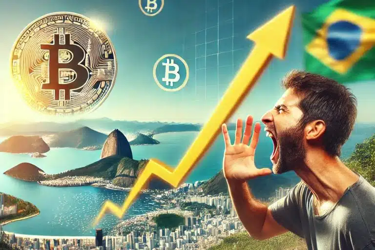 Homem no Rio de Janeiro gritando sobre a alta infinita do bitcoin