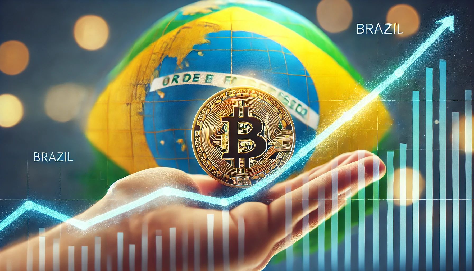 Mão segurando bitcoin com gráfico de alta e bandeira do Brasil ao fundo