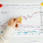 Mão segurando bitcoin em frente a gráficos de preços