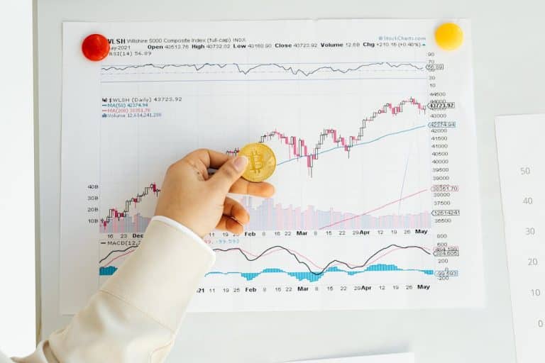 Mão segurando bitcoin em frente a gráficos de preços