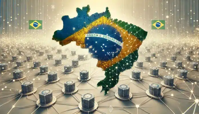 Mapa do Brasil com rede descentralizada de dados para preservação digital blockchain