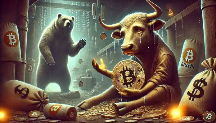 Touro segurando bitcoin e chorando, enquanto o urso o observa atentamente ao fundo cair mais