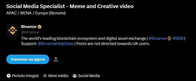 Binance contratando criador de memes. Fonte: X.