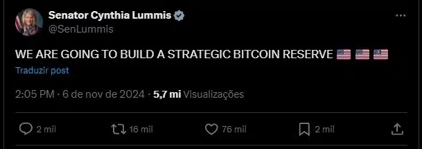 Senadora americana Cynthia Lummis sobre estratégia de Bitcoin. Fonte: X.