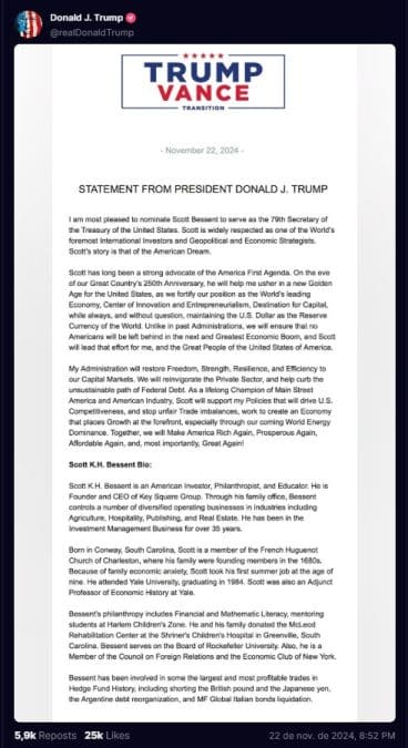 Nomeação de Scott Bessent para secretário do Tesouro por Donald Trump. Fonte: Truth Social.