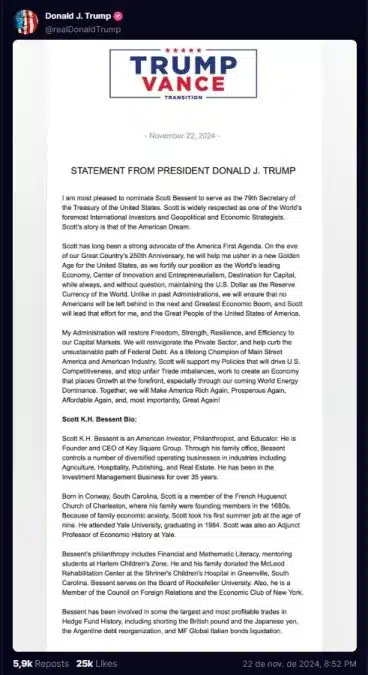 Nomeação de Scott Bessent para secretário do Tesouro por Donald Trump. Fonte: Truth Social.