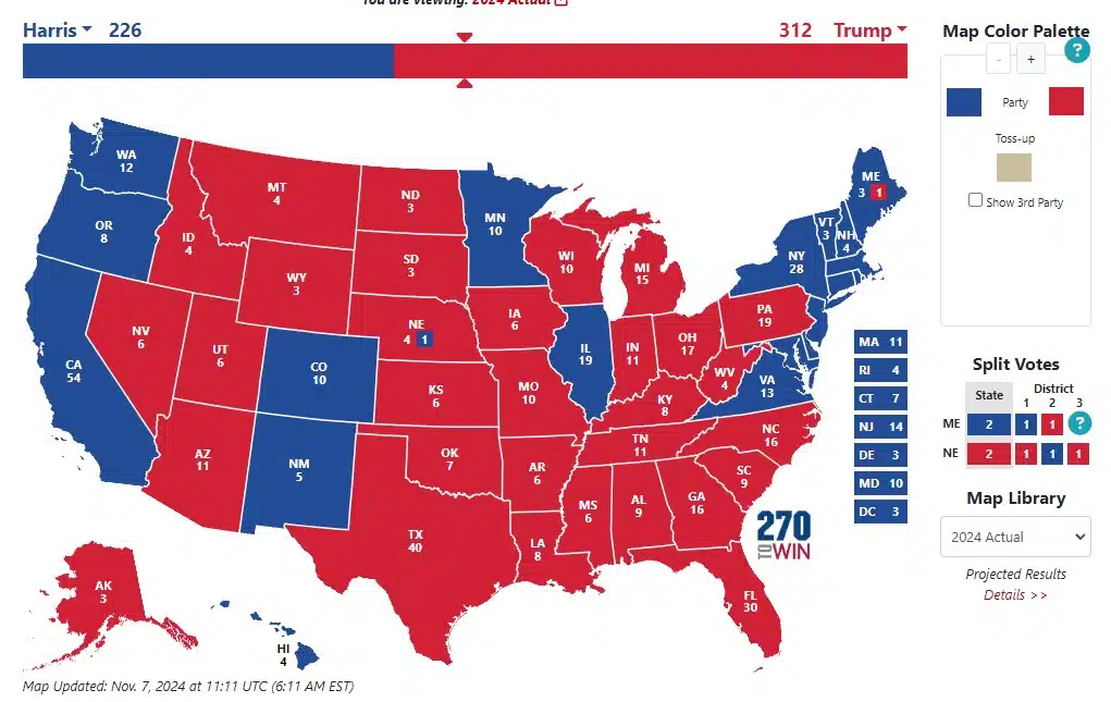 Mapa mostra resultado das eleições presidenciais americanas de 2024. Fonte: 270towin.