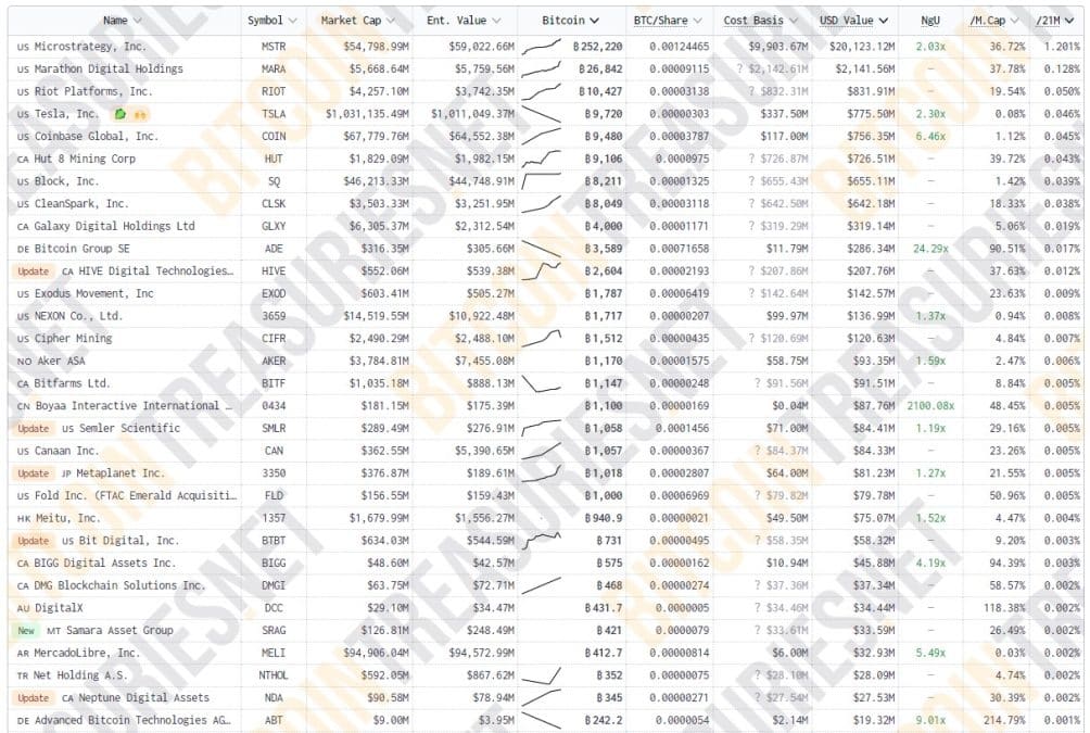 Empresas públicas com Bitcoin em caixa ostentam lucros. Fonte: BitcoinTreasuries.