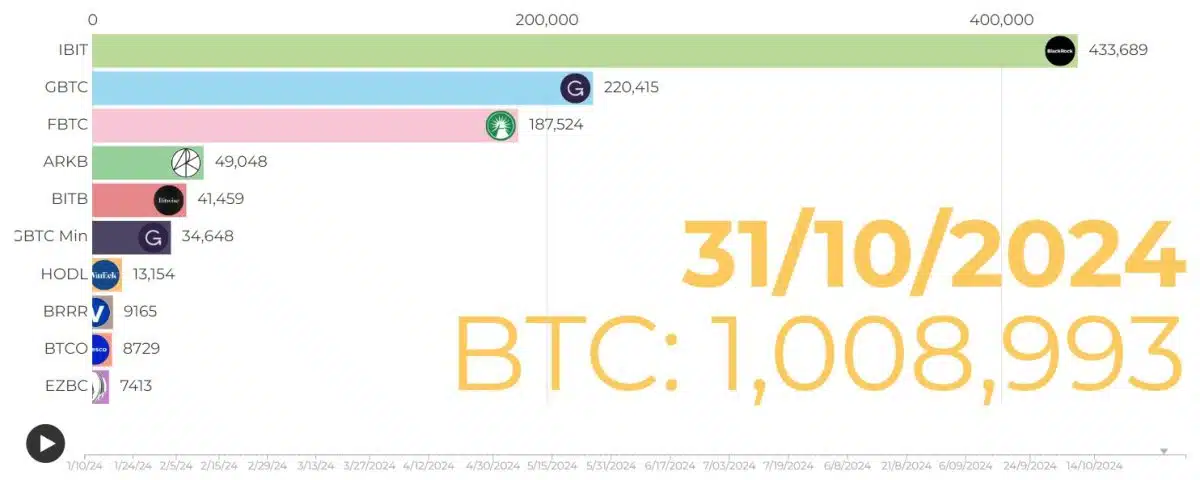 ETFs americanos agora detém mais de 1 milhão de bitcoins em suas carteiras. BlackRock é responsável por 44% dessa quantia. Fonte: HeyApollo.