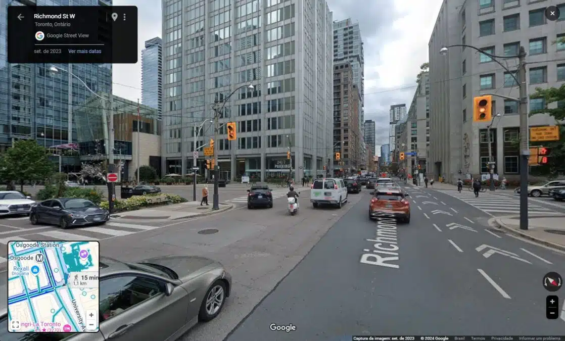 University Avenue com a Richmond Street W em Toronto, Canadá, local informado pela mídia sobre região onde executivo do setor de criptomoedas foi sequestrado. Fonte: Google Maps.