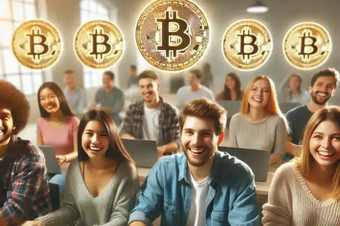 Alunos sorrindo ao aprender sobre bitcoin e criptomoedas no Brasil