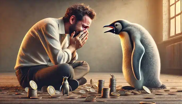 Homem chorando ao olhar para pinguim sentado em algumas moedas trader pengu