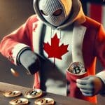 Homem com blusa do Canadá colocando bitcoin no bolso