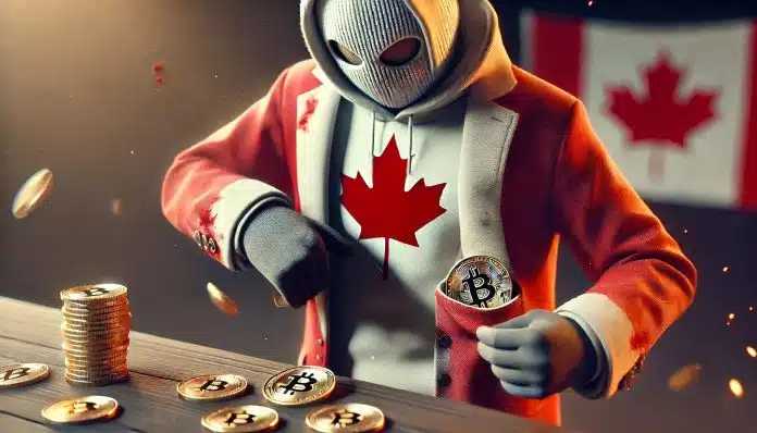 Homem com blusa do Canadá colocando bitcoin no bolso