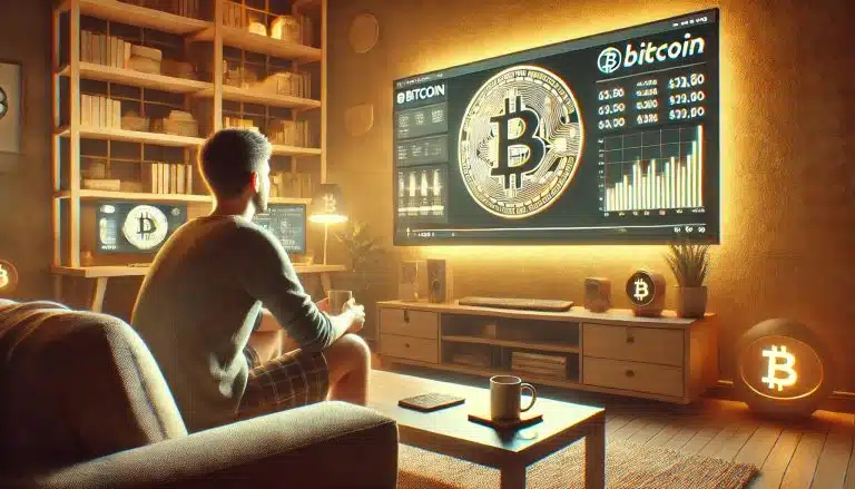 Homem jovem no sofá assistindo programa sobre o bitcoin em televisão