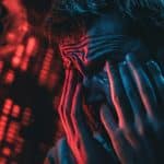 Homem preocupado com bitcoins ao fundo (Imagem gerada com IA, Livecoins)