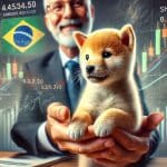 Homem segurando um cachorro filhote da raça Shiba, com bandeira do Brasil e gráficos ao fundo