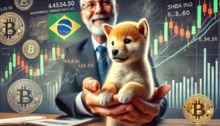 Homem segurando um cachorro filhote da raça Shiba, com bandeira do Brasil e gráficos ao fundo