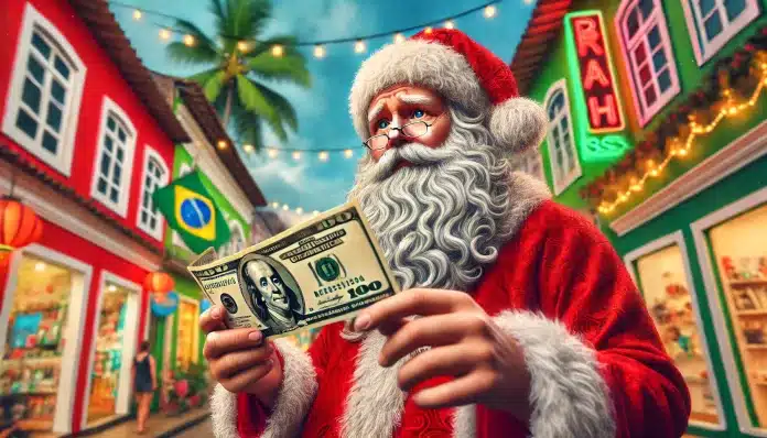 Papai Noel segurando uma nota de dólar no Brasil