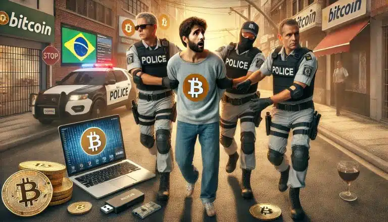 Polícia prendendo homem com camisa de bitcoin no Brasil