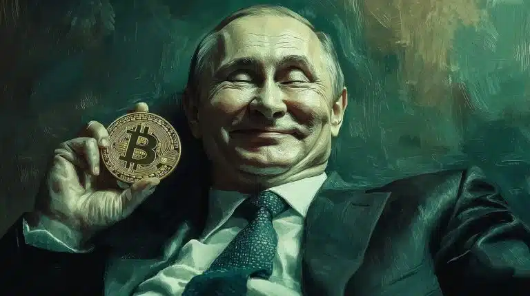 Putin segurando Bitcoin (Imagem gerada com IA / Livecoins)