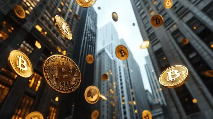 bitcoins caindo do céu em Wall Street (imagem gerada por AI)